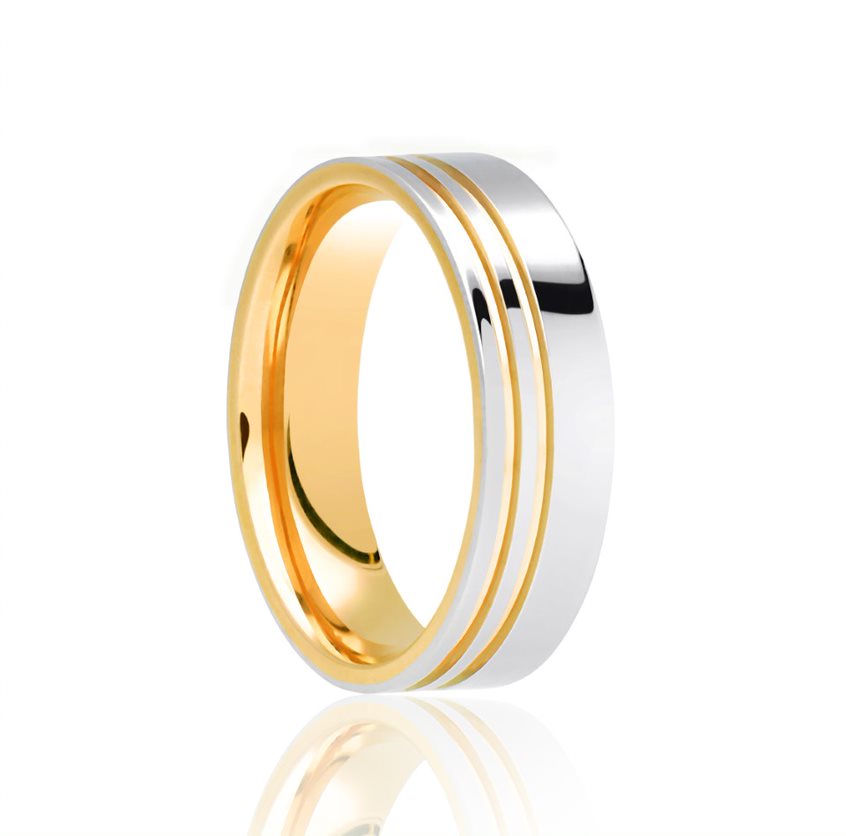 Platinum & Yellow Gold Polished Offset Inlaid Grooves Medium 6mm Wedding Band