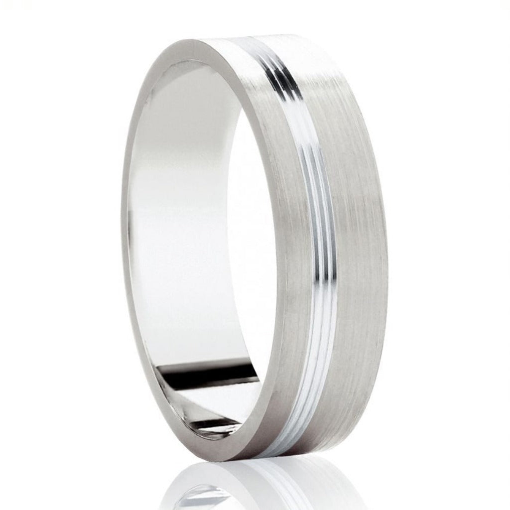 Platinum Matte & Polished Offset Inlaid Grooves Medium 6mm Wedding Band