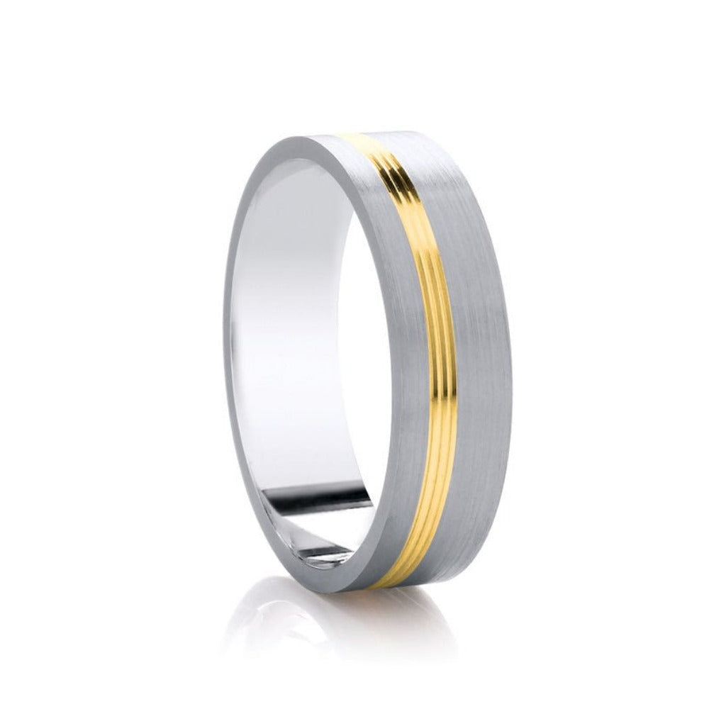 Platinum & Yellow Gold Matte & Polished Offset Grooves Medium 6mm Wedding Band