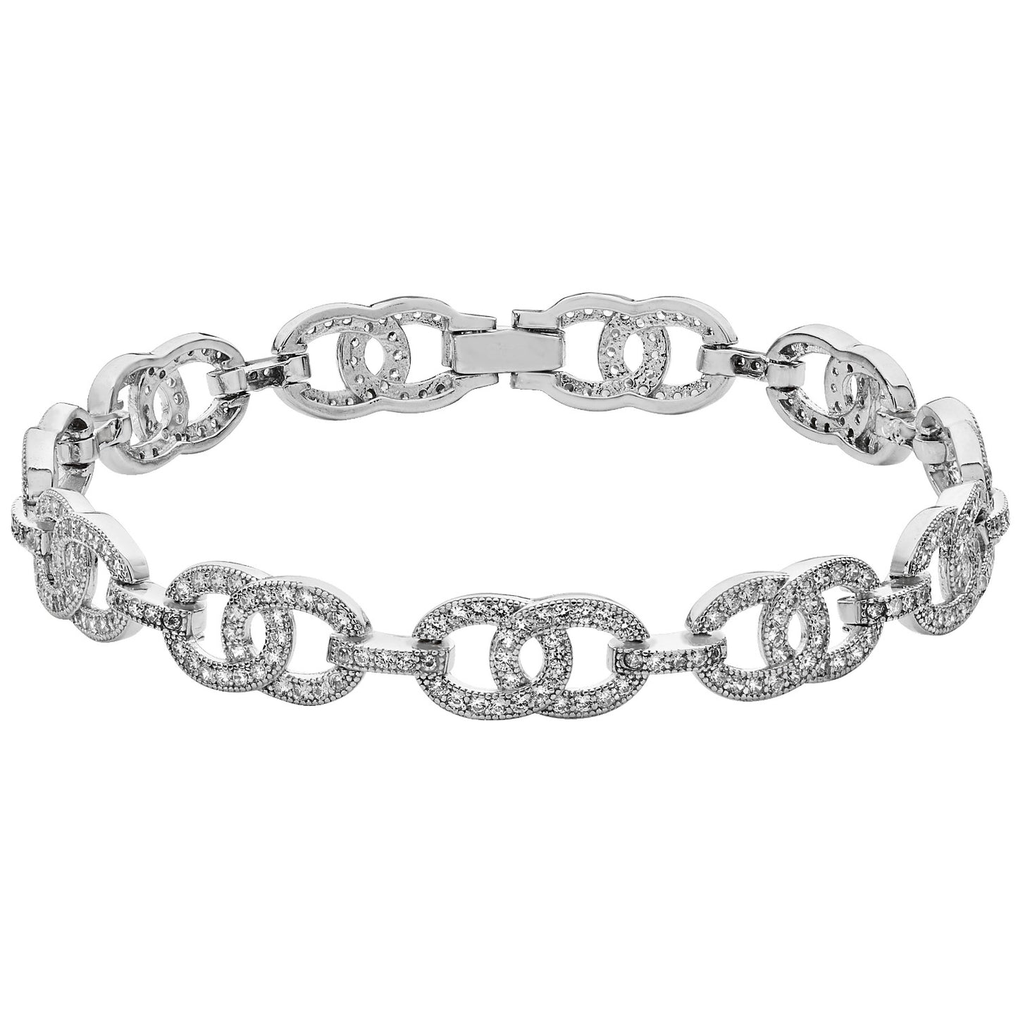 Sterling Silver Pavé CZ Interlocked Oval & Link Bracelet