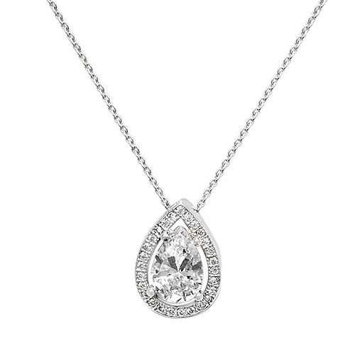 Sterling Silver Pear shaped Centre Stone with Halo CZ Necklace