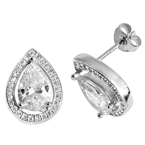 Sterling Silver Pear & Halo CZ Stud Earrings
