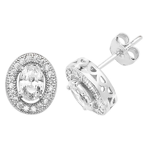 Sterling Silver Oval & Halo CZ Stud Earrings