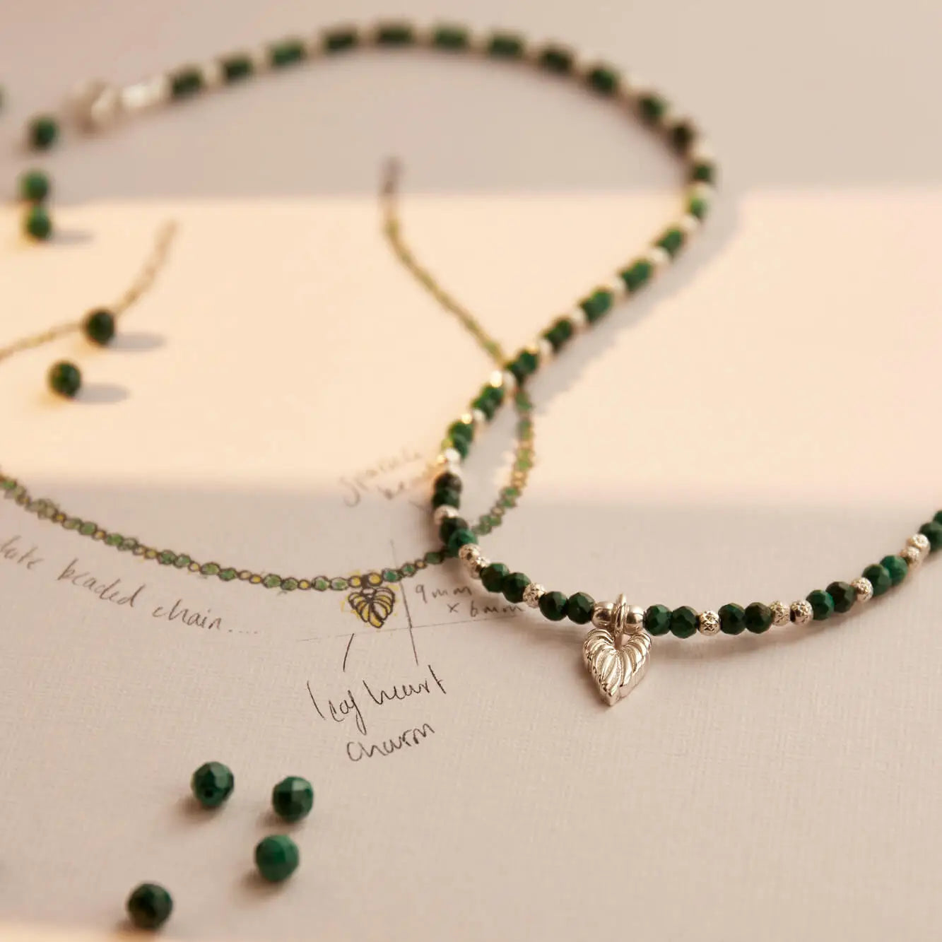 ChloBo Sterling Silver Leaf Heart Sparkle Malachite Necklace