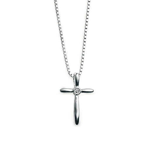 Sterling Silver Children's Rounded Diamond Set Cross Necklace