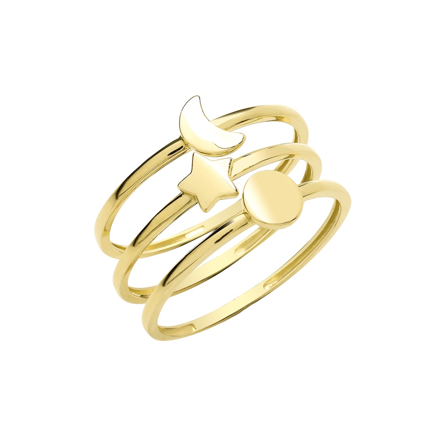 9ct Yellow Gold Star, Moon & Sun Triple Band Ring
