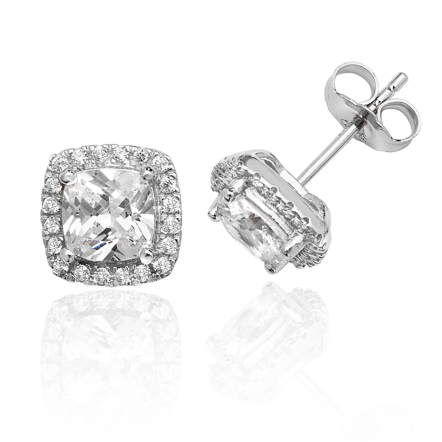 Sterling Silver Cushion Halo & Cushion CZ Stud Earrings