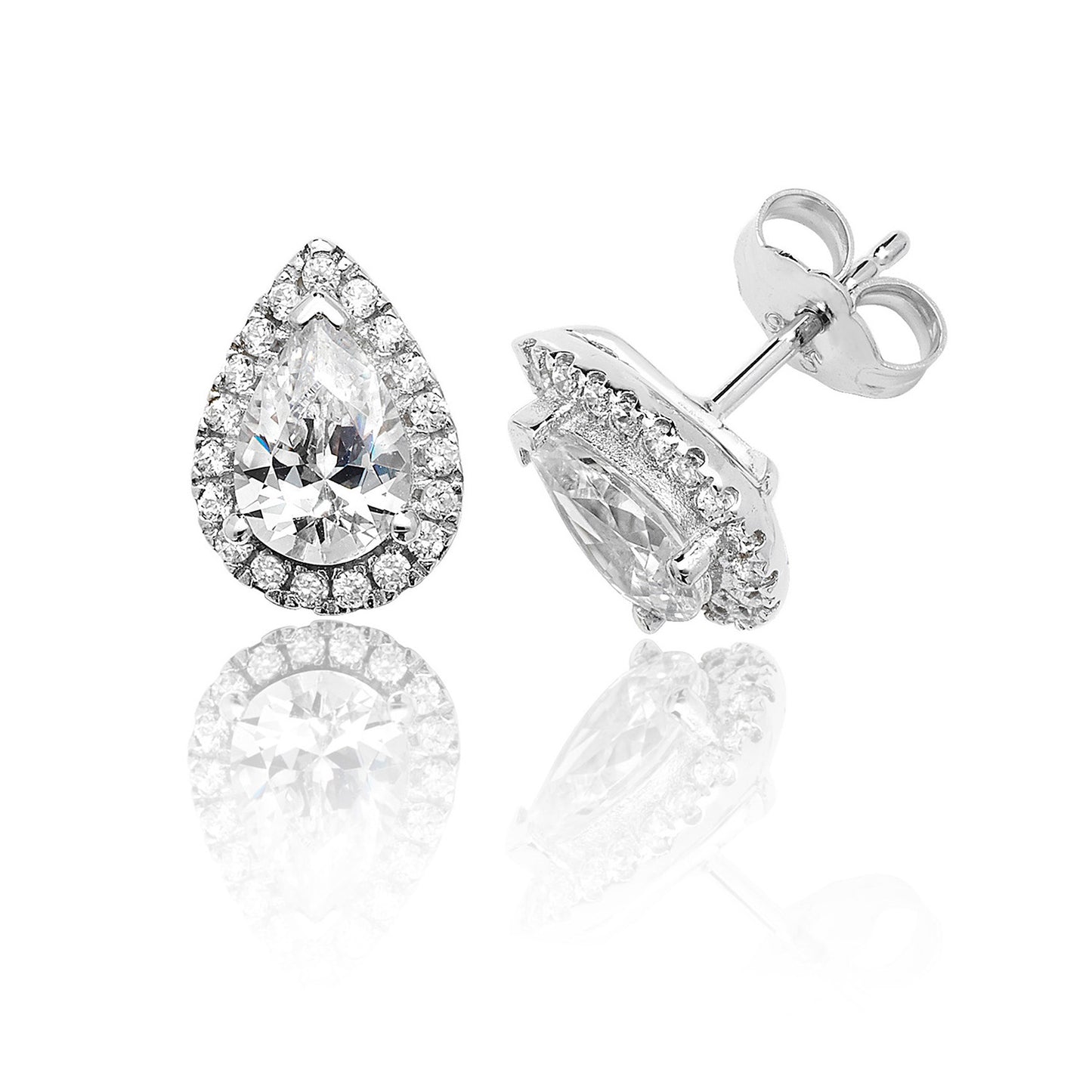 Sterling Silver Pear & Halo CZ Stud Earrings