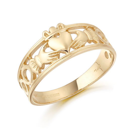 9ct Yellow Gold Claddagh & Celtic Knot Filagree Ring
