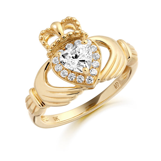 9ct Yellow Gold CZ & Pavé Claddagh Ring