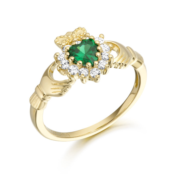 9ct Yellow Gold Claddagh Green Heart & CZ Halo Ring