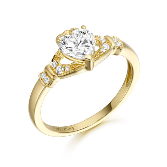 9ct Yellow Gold Sparkling Pavé CZ Claddagh Ring