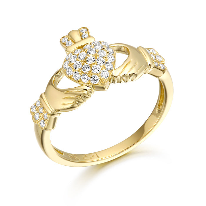 9ct Yellow Gold MicroPavé CZ Claddagh Ring