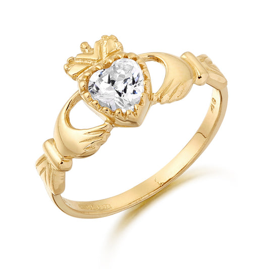 9ct Yellow Gold White CZ Claddagh Ring