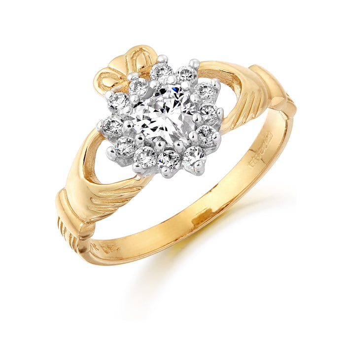 9ct Yellow Gold Claddagh Heart & CZ Halo Ring - Size N