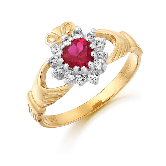 9ct Yellow Gold Ruby CZ Claddagh Ring