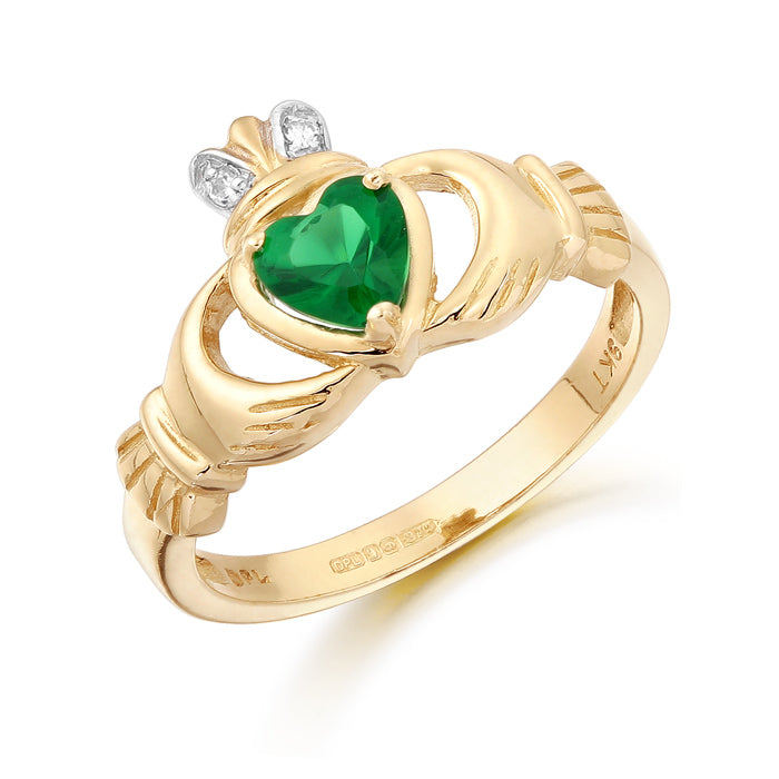 9ct Yellow Gold Claddagh Green Heart & CZ Crown Ring - Size L