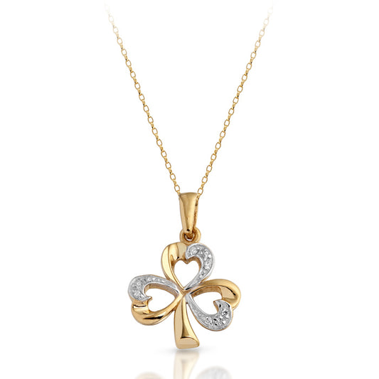 9ct Yellow Gold CZ Shamrock Pendant Necklace