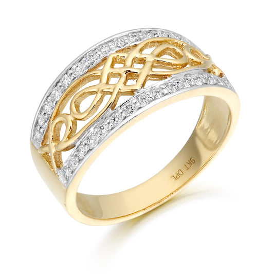 9ct Yellow Gold Celtic Knot Double Pave Set CZ Ring