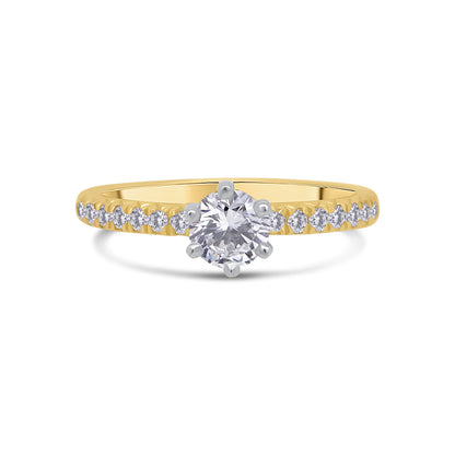 18ct Yellow Gold Round Brilliant Solitaire, Six Claw Shoulder Set Diamond Ring, 0.63ct