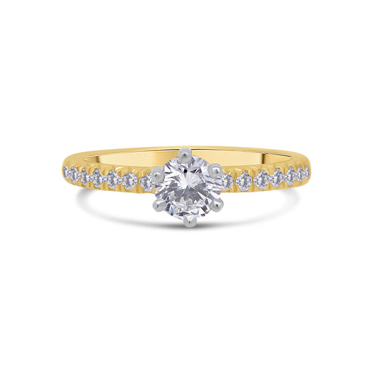 18ct Yellow Gold Round Brilliant Solitaire, Six Claw Shoulder Set Diamond Ring, 0.63ct