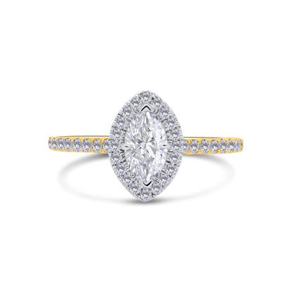 18ct Yellow Gold Marquise, Halo & Shoulder Set Diamond Ring, 0.85ct