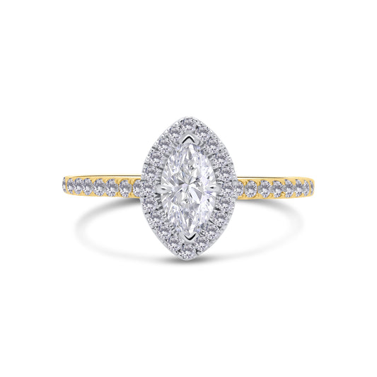 18ct Yellow Gold Marquise, Halo & Shoulder Set Diamond Ring, 0.85ct