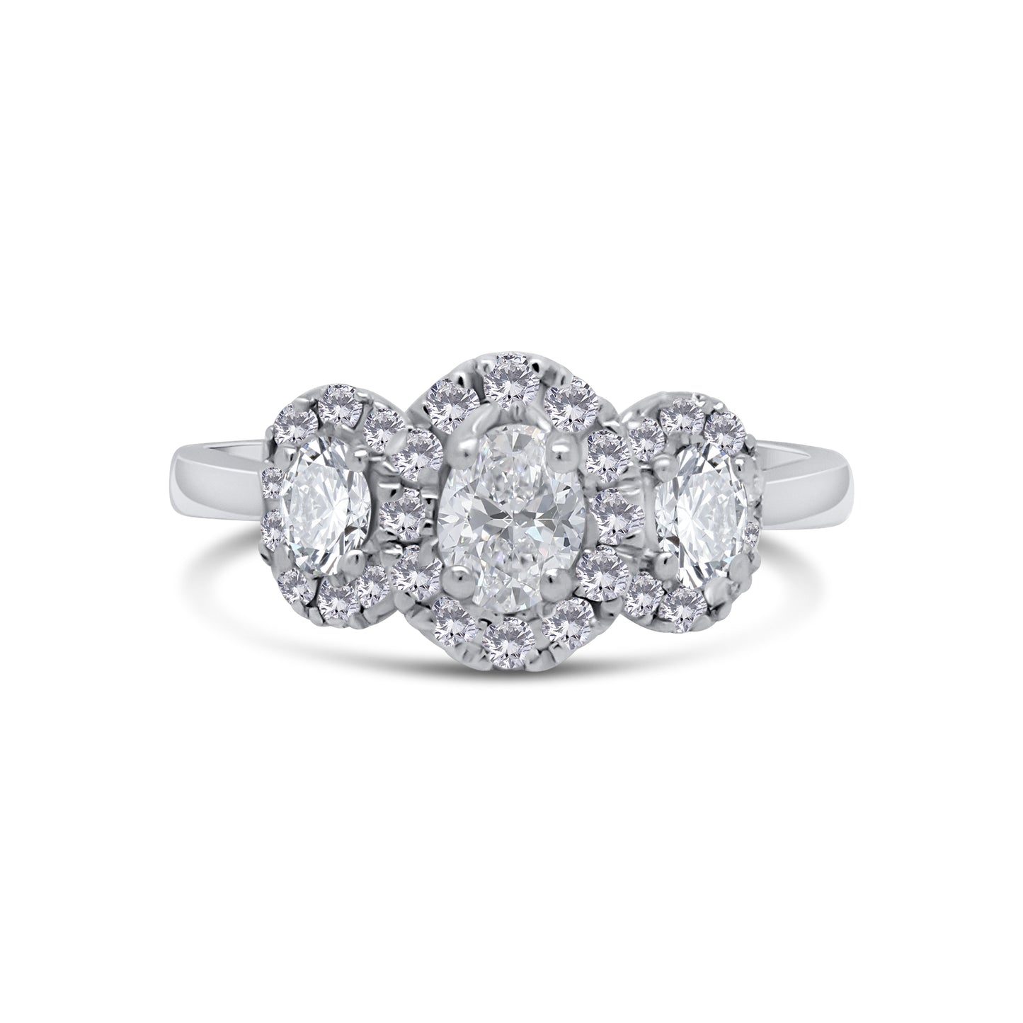 Platinum Oval & Halo Three Stone Diamond Ring 0.86ct