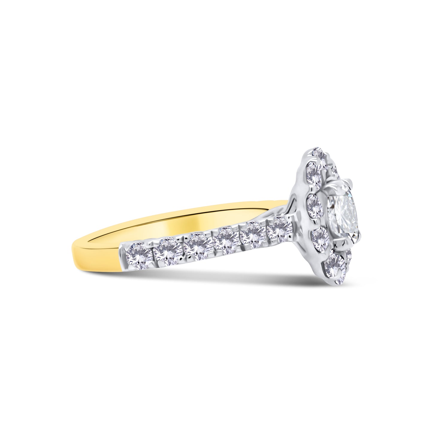 18ct Gold Two Tone Oval & Halo, Shoulder Set Diamond Ring 1.05ct