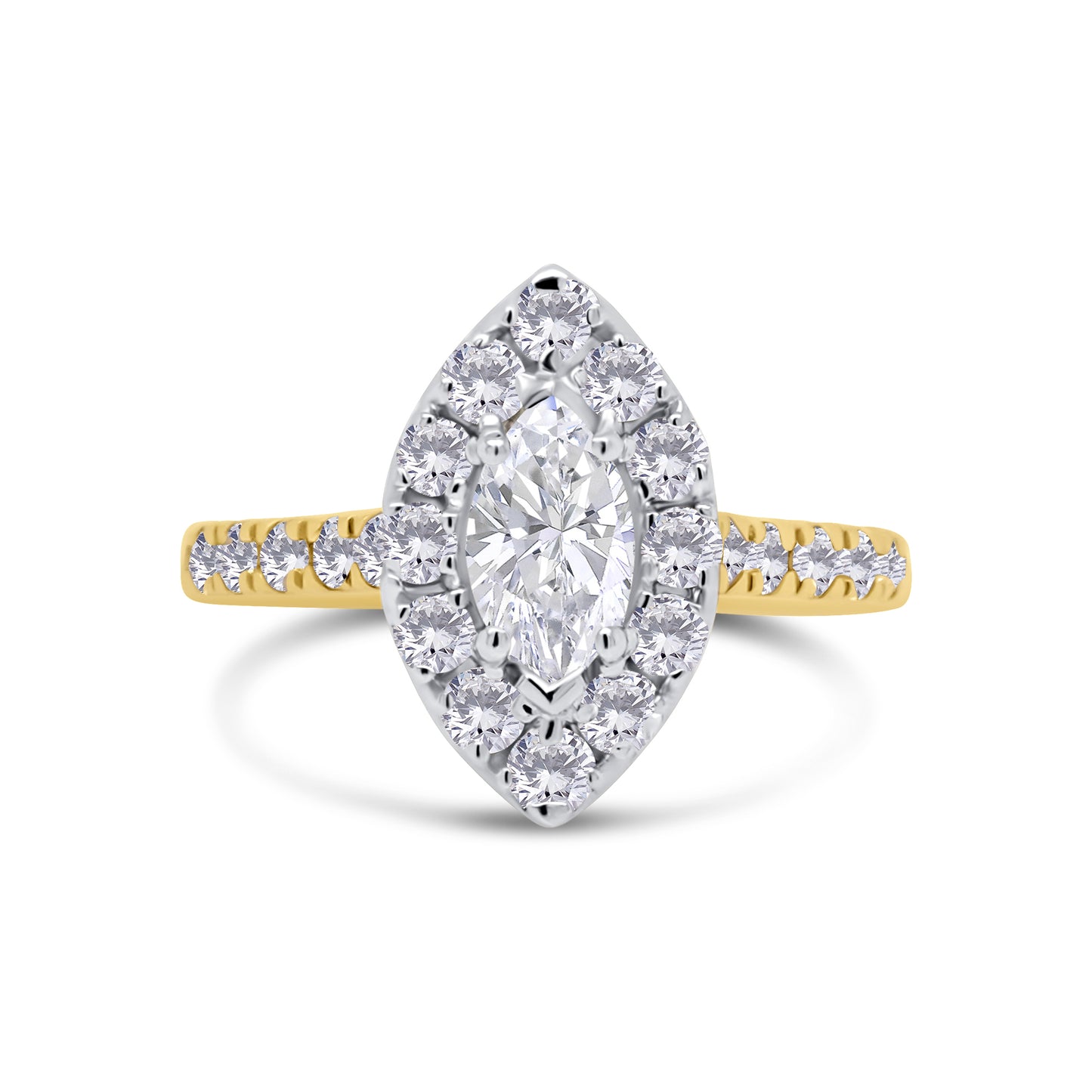 18ct Yellow Gold Marquise, Halo & Shoulder Set Diamond Ring, 1.05ct