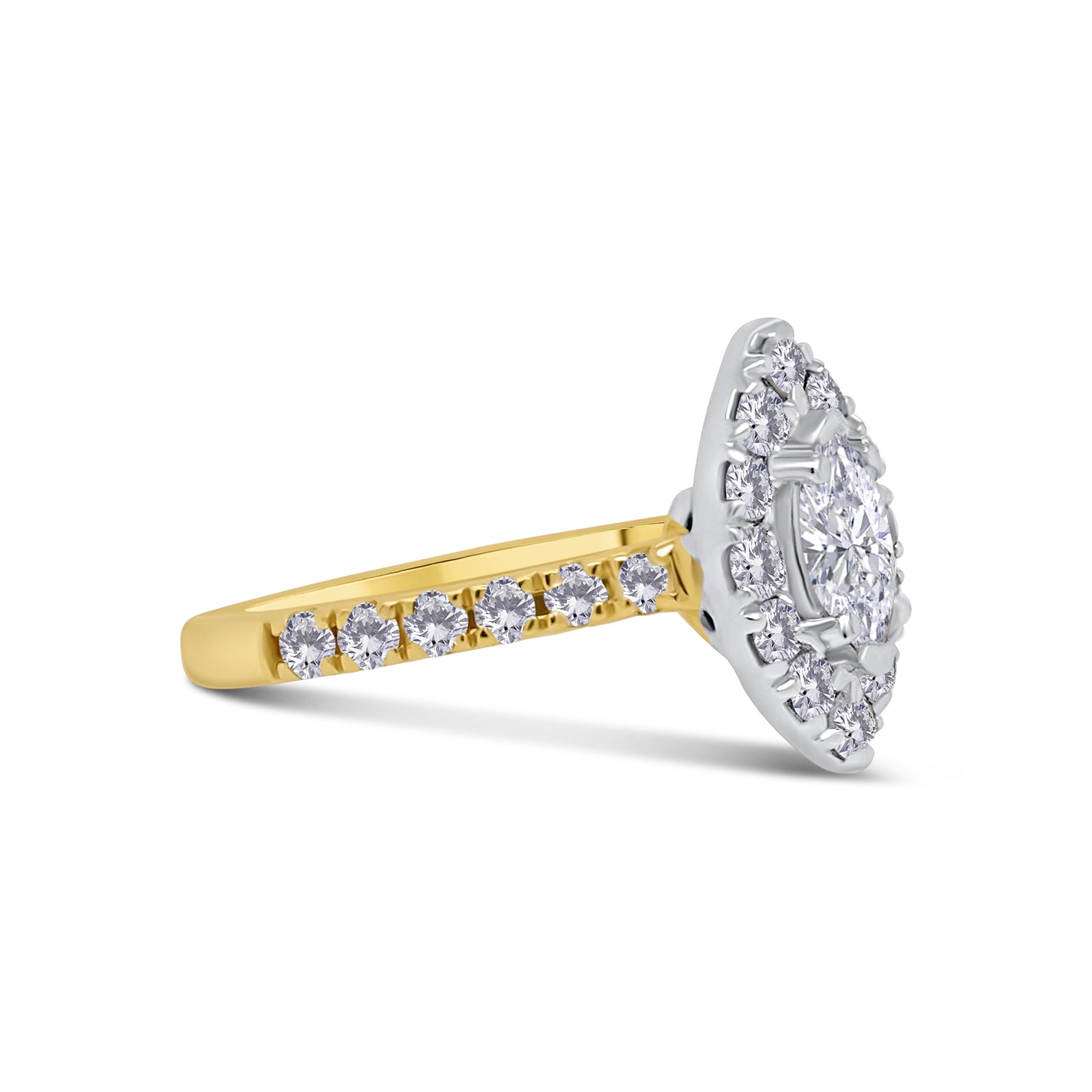 18ct Yellow Gold Marquise, Halo & Shoulder Set Diamond Ring, 1.05ct