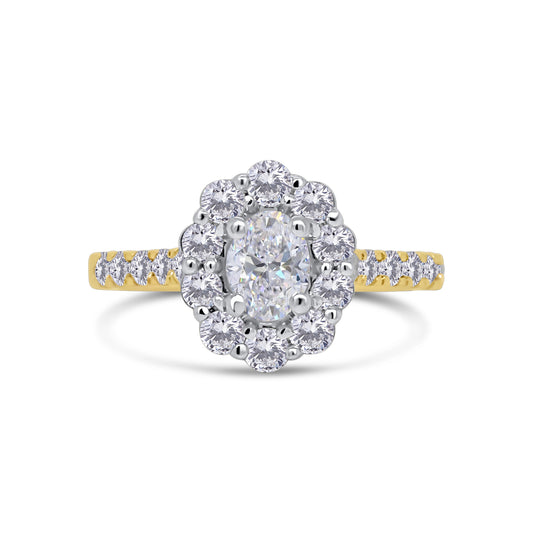 18ct Yellow Gold Oval & Halo, Shoulder Set Diamond Ring 1.25ct