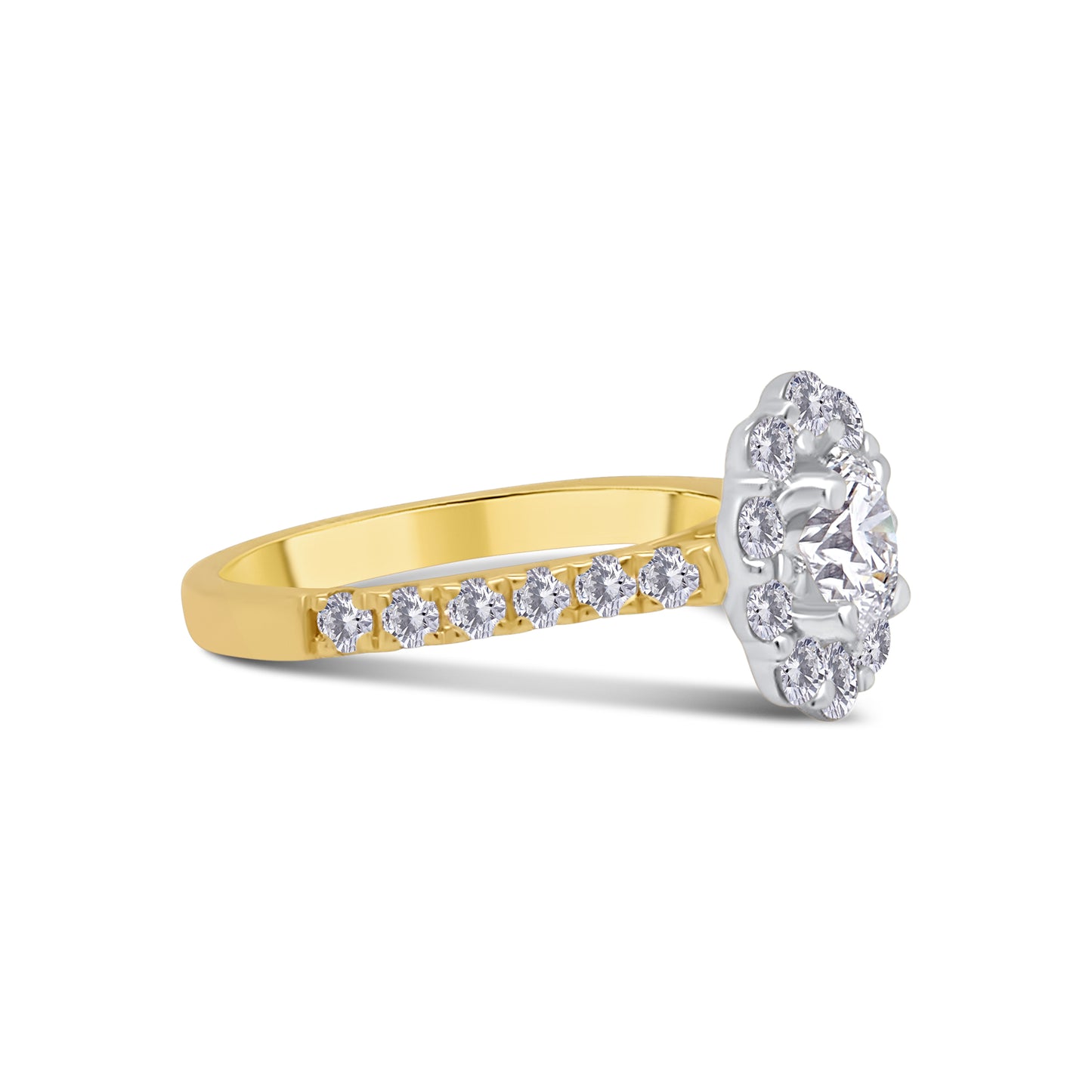 18ct Yellow Gold Oval & Halo, Shoulder Set Diamond Ring 1.25ct