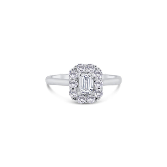 Platinum Emerald & Halo Diamond Ring, 0.61ct