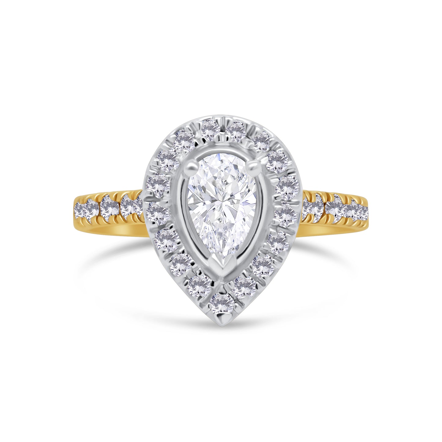 18ct Yellow Gold Pear & Halo, Shoulder Set Diamond Ring, 0.80ct