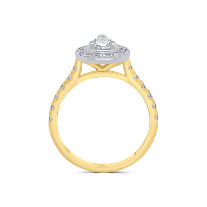 18ct Yellow Gold Pear & Halo, Shoulder Set Diamond Ring, 0.80ct