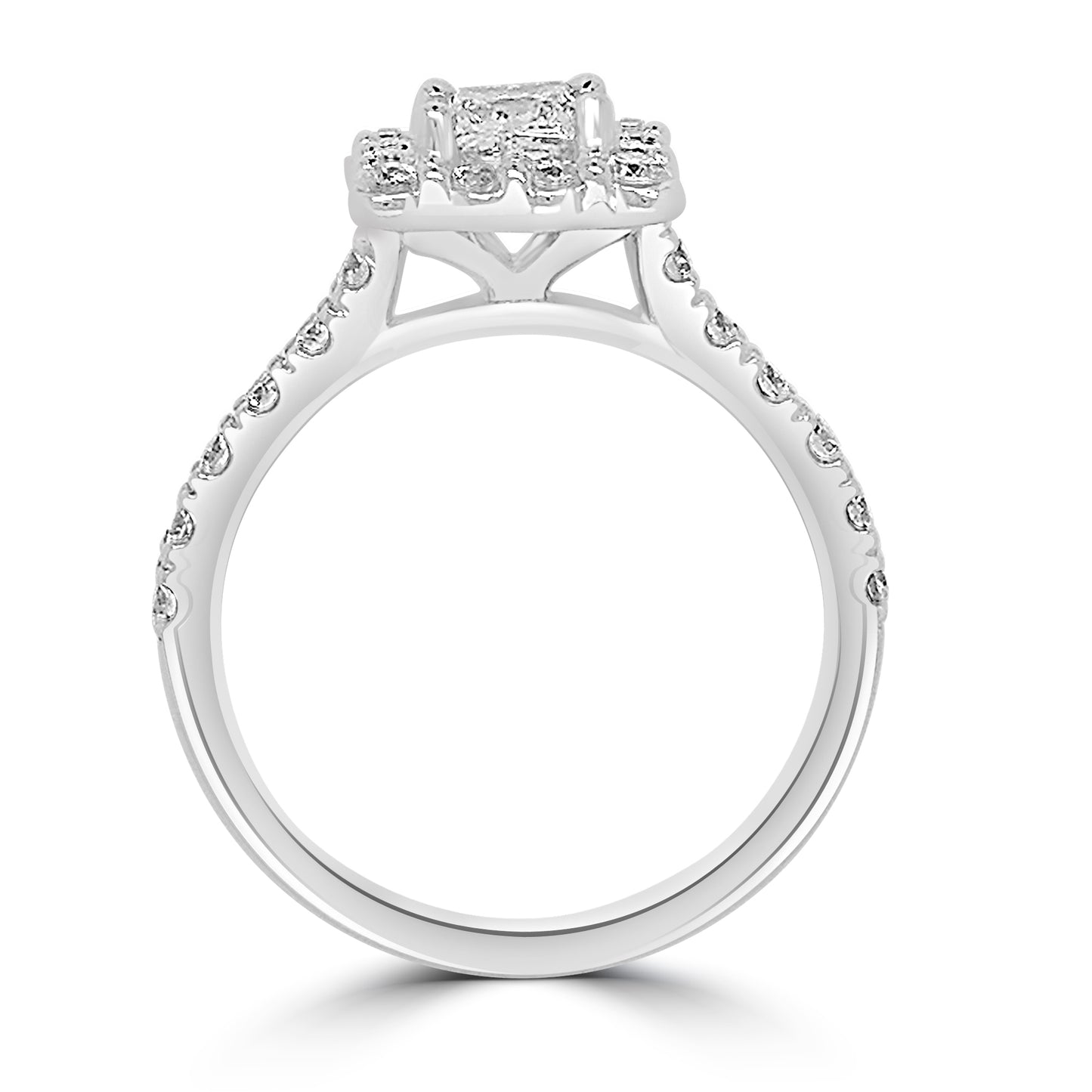 Platinum Princess, Halo & Diamond Detail Shoulder Set Ring, 1.25ct