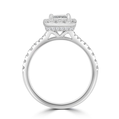 Platinum Princess, Halo & Diamond Detail Shoulder Set Ring, 1.07ct