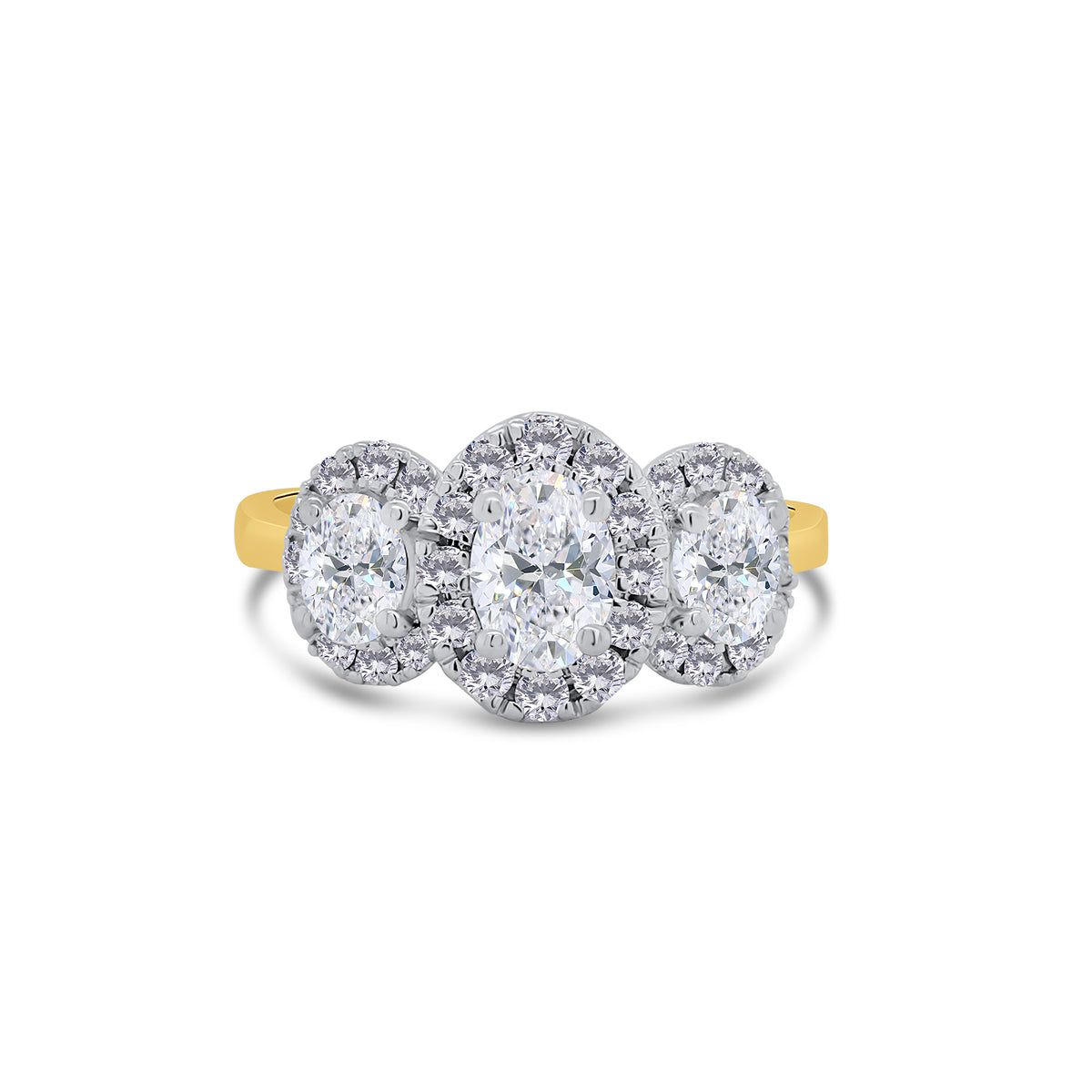 18ct Yellow Gold Oval Three Stone & Halo Diamond Ring, 1.27ct