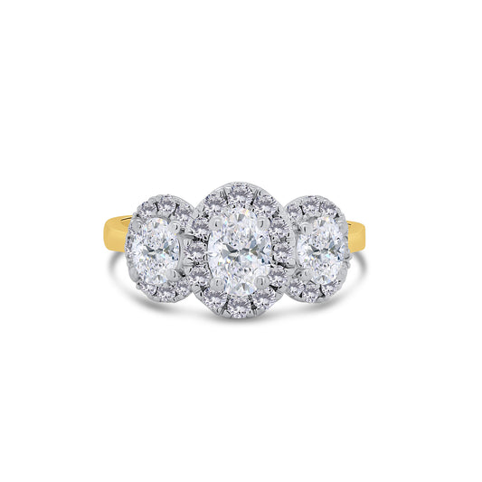 18ct Yellow Gold Oval Three Stone & Halo Diamond Ring, 1.27ct