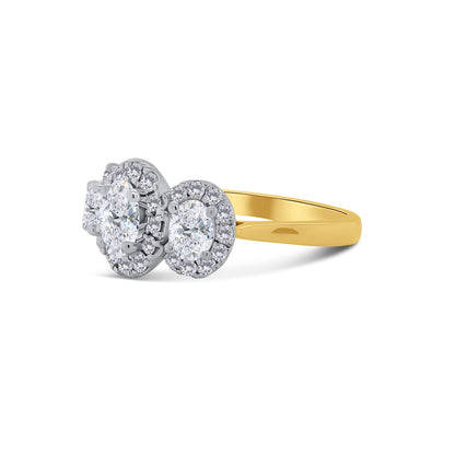 18ct Yellow Gold Oval Three Stone & Halo Diamond Ring, 1.27ct
