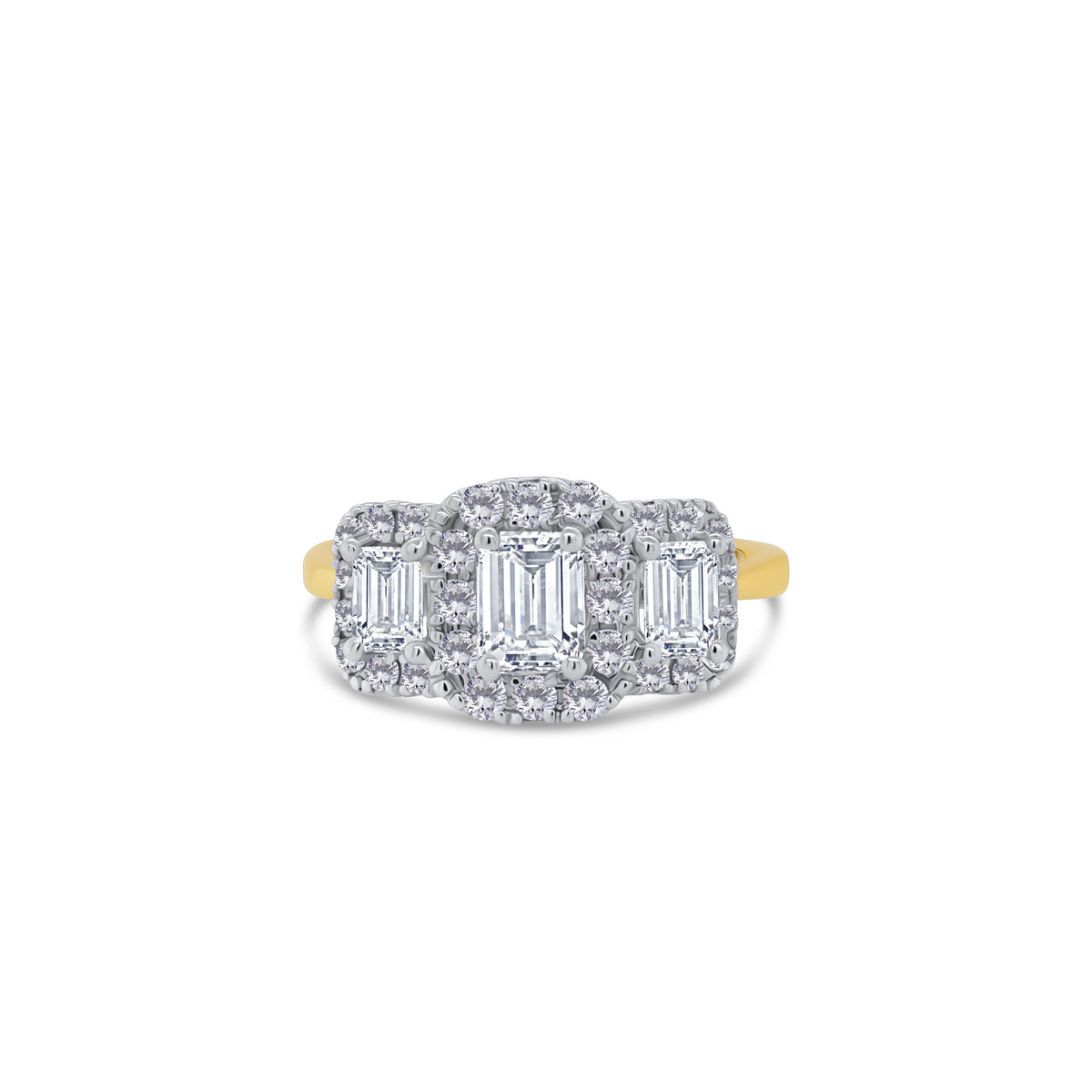 18ct Yellow Gold Emerald & Halo Three Stone Diamond Ring, 1.31ct