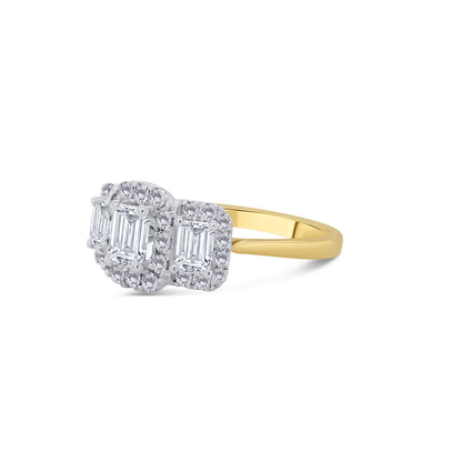 18ct Yellow Gold Emerald & Halo Three Stone Diamond Ring, 1.31ct