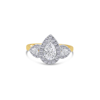 18ct Yellow Gold Pear Three Stone & Halo Diamond Ring, 1.06ct