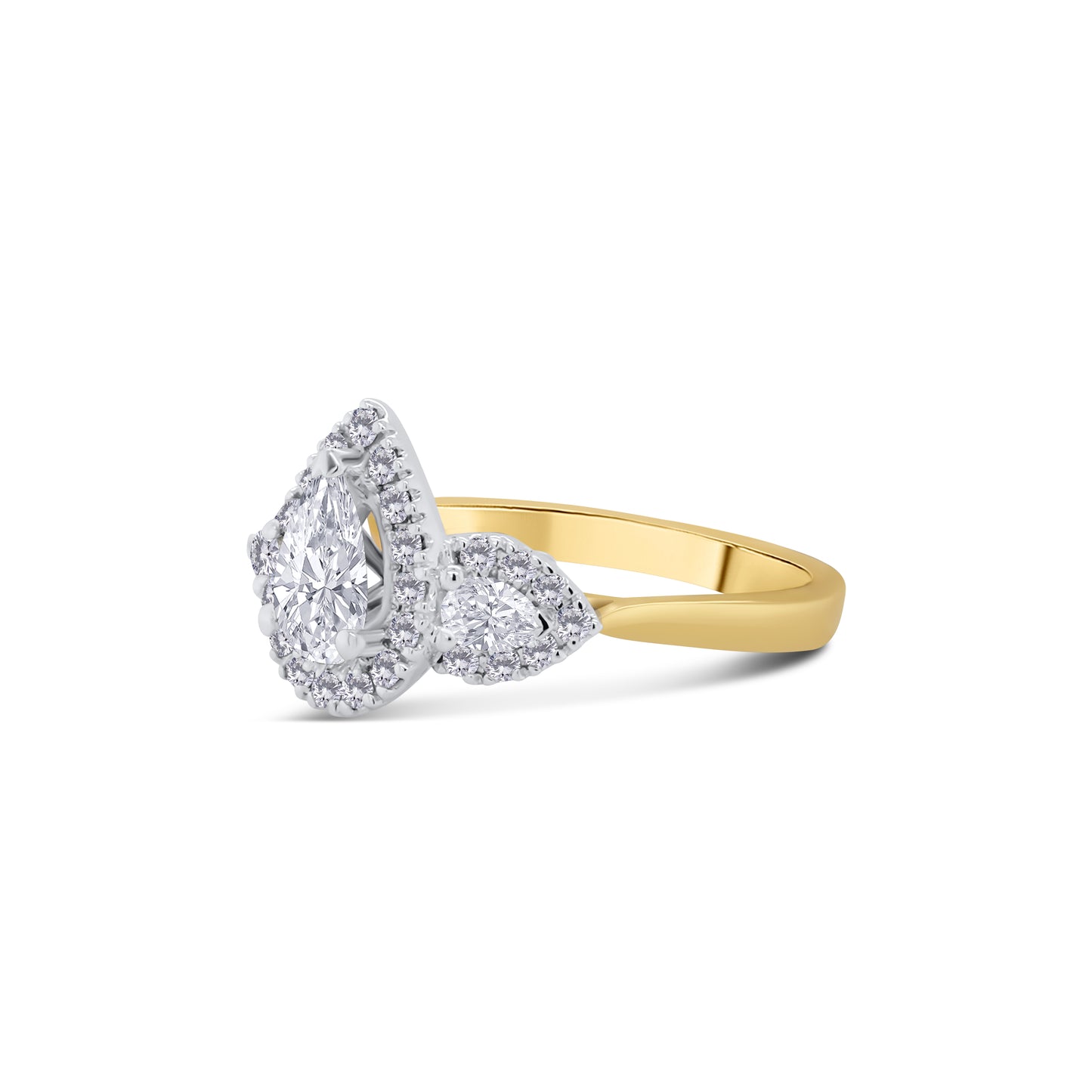 18ct Yellow Gold Pear Three Stone & Halo Diamond Ring, 1.06ct