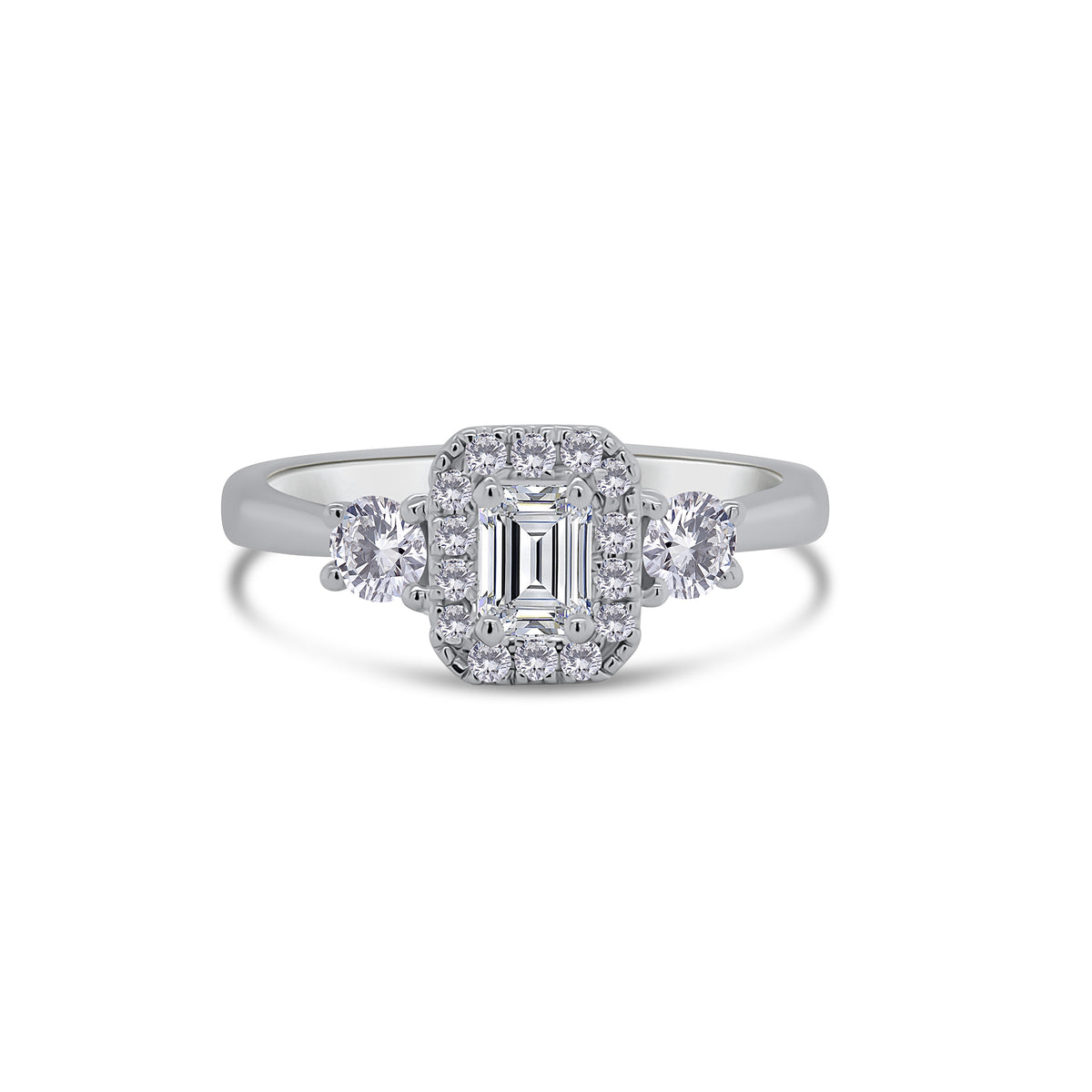 Platinum Emerald & Brilliant Round Halo Three Stone Diamond Ring, 0.65ct