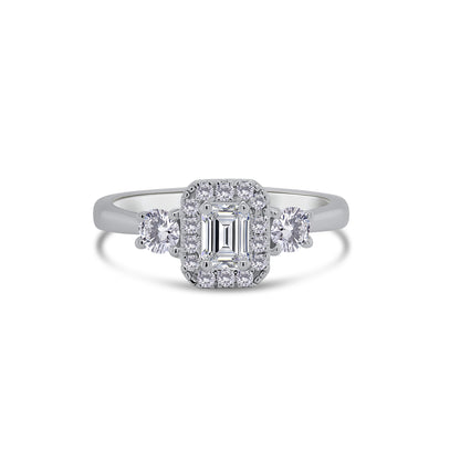 Platinum Emerald & Brilliant Round Halo Three Stone Diamond Ring, 0.65ct