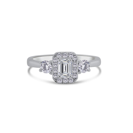 Platinum Emerald & Brilliant Round Halo Three Stone Diamond Ring, 0.65ct