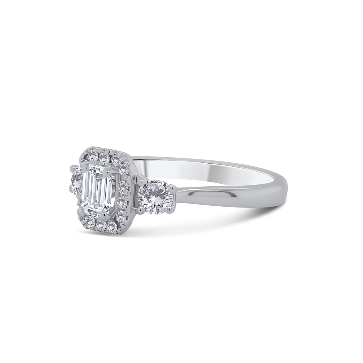 Platinum Emerald & Brilliant Round Halo Three Stone Diamond Ring, 0.65ct