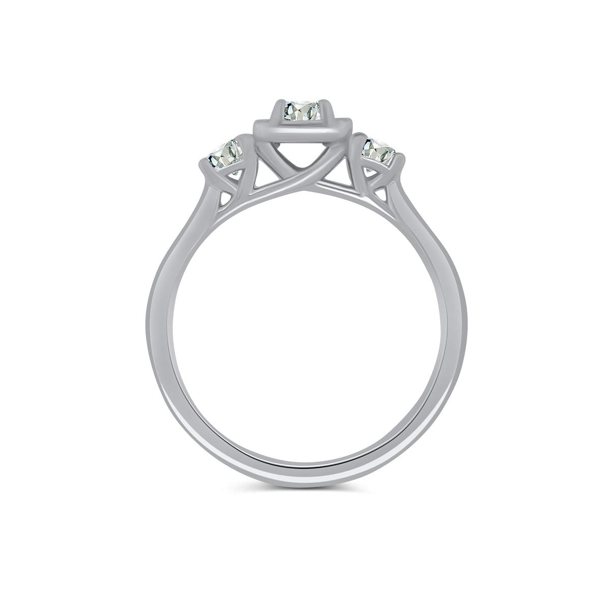 Platinum Emerald & Brilliant Round Halo Three Stone Diamond Ring, 0.65ct